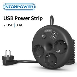 Plugs Ntonpower Eu Plug Power Strip with 2 Usb Ports Extension Cord Electrical Multiprise Smart Socket for Travel Home Phone Charge