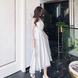 Casual Dresses Women's Chic One-Shoulder Chiffon Sling Dress Fashion Slim Strap French White Long 2024 Summer Beach Female