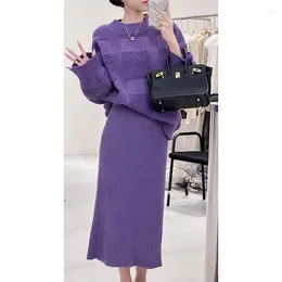 Work Dresses 2024 Gentle Style Sweater Korean Purple Knitted Top Half Skirt Two Piece Set For Women