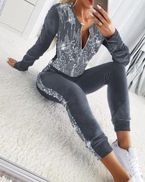 Women's Two Piece Pants Autumn Velvet Sets For Women 2 Pieces Suits Female Clothing Casual Contrast Sequin Zipper Design Coat & Set