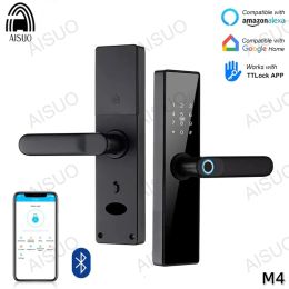 Control AISUO Bluetooth TT LOCK Fingerprint Magnetic Card Password Key Remote Unlock Temporary Password Home Smart Door Lock