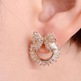 Stud Earrings Exquisite High-end Fashion Personality Bow ZirconGold Plated