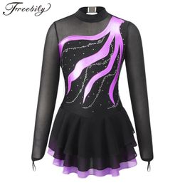 Kids Girls Long Sleeve Figure Skating Dress Shiny Rhinestone Sheer Mesh Tutu Ballet Gymnastics Dance Leotard Dress Dancewear 240429