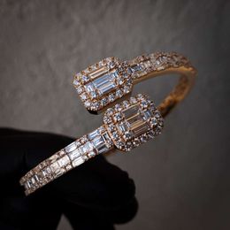 Luxury Hip Hop 925 Sterling Silver Rose Gold Plated Iced Out Split Vvs Moissanite Bracelet Diamond Baguette Bangle