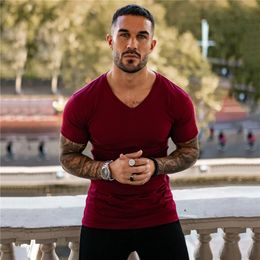 Summer Breathable Fashion V Neck T Shirt Men Fitness Slim Fit Short Sleeve Tshirt Male Brand Plain Tops Gym Clothing 240419