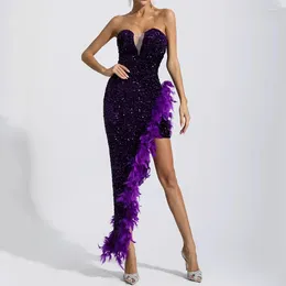 Party Dresses Sexy Dream Sweetheart Strapless Evening Dress Shiny Sequin And Feathers Sleeveless Irregular Ankle Length Open Back Ladies