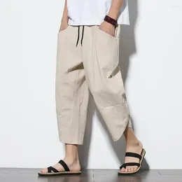 Men's Pants Men Cropped Straight Leg Elastic Waist Ethnic Style Plus Size Cotton Linen Harem Summer Pantalones Hombre