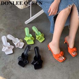 Slippers 2024 Summer Women Shoes Fashion Bow Knot Ladies Sandals Thin High Heel Peep Toe Mule Female Slides Brand Flip Flops