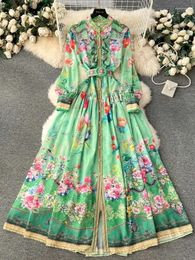 Casual Dresses Summer Bohemian Flower Chiffon Women's Stand Long Sleeve Single Breasted Elegant Print Belt Loose Robe Vestidos
