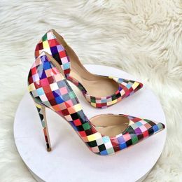 Dress Shoes Fashion Women's Pointed Toe High Heels Pumps Checker Print Ladies Evening Party Clublwear Heel Footwear Slip On