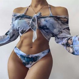 New Outerwear Fashion Marble Print Three Piece Set Split Swimsuit Bikini