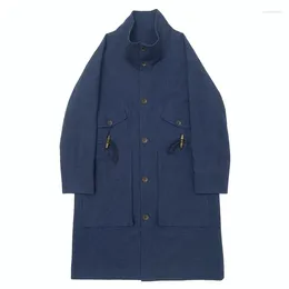 Men's Trench Coats Original Design Japan Retro Spring Blue Dyed Slub Cotton Casual Long Windbreaker Coat Loose Single Breasted Jacket