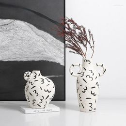 Vases Modern Living Room Table Flower Arrangement Decoration Simple Abstract Hand-painted Pattern Ceramic Vase With Ears