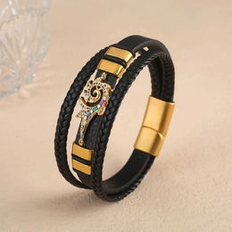 Chain New Colorful Zirconia Geometric Accessories Stainless Steel Magnetic Clasp Leather Bracelet Classic for Man Woman Cuff Bracelet. Y240420