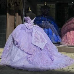 Lilac 3D Butterfly Bow Ruffles Quinceanera Dresses Ball Gown Off The Shoulder Appliques Lace Corset Vestidos De 15 Anos