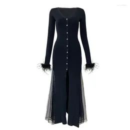 Casual Dresses Sexy Designed V-neckline Split Hem Long Sleeve Feathers Cuff Lady Gauze Patchwork Slim Fitted Women Maxi Solid Knit Dress