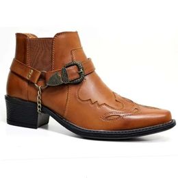 Handmade Mens Vintage Cowboy Boots Leather High Top Chain Buckle Strap Punk Shoes Pointed Toe Motorcycle Boots for Men 240415