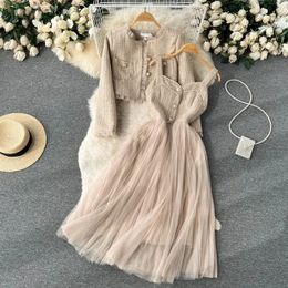 Autumn Spaghetti Strap Woollen Patchwork Mesh Tulles Midi Dress Short Tweed Jacket Coat For Women 2 Pieces Set Outfits 240419