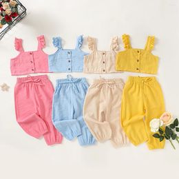 Clothing Sets Toddler Kids Baby Girl Summer Outfits Button Down Ruffle Short Sleeve Shirts Crop Top Trouser Pants Set