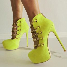 Dress Shoes Big Size Charming Round Toe Suede Leather High Platform Gold Chains Cross Stiletto Heel Pumps Super Yellow Heels