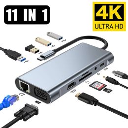 Hubs USB C Hub Type C To HDMICompatible RJ45 5 6 8 11 Ports Dock with PD TF SD AUX Usb Hub 3 0 Splitter For MacBook Air Pro PC HUB