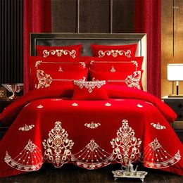 Bedding Sets Red Embroidery Home Textile Set Luxury Princess Wedding Solid Color Duvet/Quilt Cover Bed Sheet Pillowcases Cotton