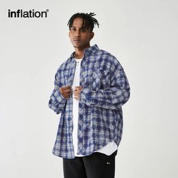 INFLATION Brushed Cheque Shirts Men Blue Plaid Long Sleeve Oversized Shirts Male Plus Size 240410