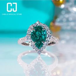 Cluster Rings Emerald 925 Sterling Silver Surrounding Ring Water Drop Shaped High Carbon Diamond Platinum Plated Wedding Dinner Fine Jewellery