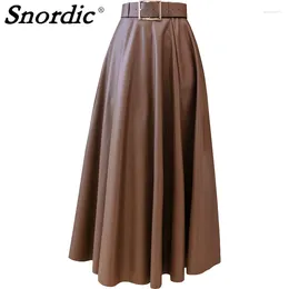 Skirts 2024 Women Autumn High Waist PU Long Umbrella Skirt Sashes A-line Midi Pleat Office Lady