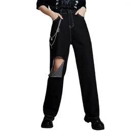 Women's Jeans Womens Butterfly Chain Ripped Fashion Black Casual Straight Leg Pants For Women Y2k Baggy All-Match Streetwear