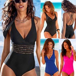 Bikini Solid Color Leopard Print Color Blocking Cross Multi Rope Backless Jumpsuit for Women