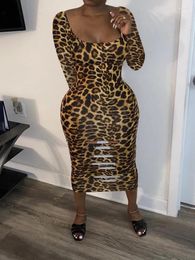 Casual Dresses Leopard Print Tight Fitting Sexy Dress Women's Fashion Pullover Hole Burning Bodycon Long Sleeve Vestido Midi Robe