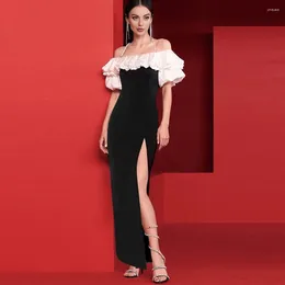 Casual Dresses Black Beaded Off-the-shoulder Pleated Edge Tube Top Stitching Long Bandage Dress