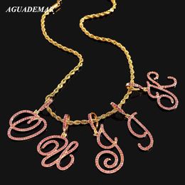 Pendant Necklaces Punk Pink Crystal 26letter Chain Necklace Men Women Cursive Letters Stainless Steel Twist Rope Chain Necklace Hiphop Jewelry New Y240420