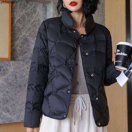 Anti Season Down Jacket for Womens Winter New Short Standing Collar Plaid Solid Color Foreign Style White Duck Coat