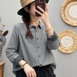 Women's Blouses Women Striped Shirts Double Cotton Yarn Blue Long Sleeve Lady Tops Casual Female Clothes Spring Autumn S