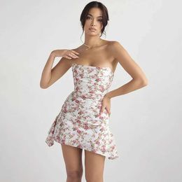 Urban Sexy Dresses Womens elegant short skirt chest slim floral design large straps European and American leisure vacation style spice short skirt Y240420