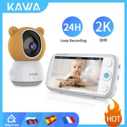 Monitors Kawa 2k Baby Monitor with Cameras Audio Video Nanny Wireless Camera with 4000mah Battery 5 Inch Screen Tf Card Night Vision 360°