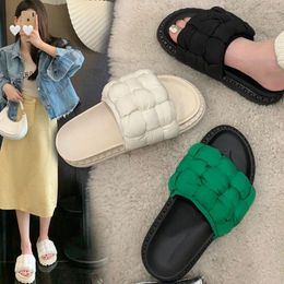 Slippers 2024 Summer Green White Weave Women Slipper Fashion Flat Heel Open Toe Ladies Sandal Shoes Outdoor Casual Beach Slides