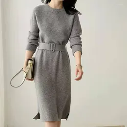 Casual Dresses Korean Fashion Elegant Women Clothing O-neck Knitting Office Lady Long Mid-calf A-line Solid Autumn Winter