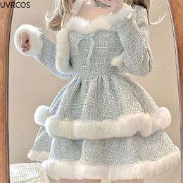 Korean Style Elegant Tweed Plaid Dress Sets Women Plush Patchwork Short Woolen Jackets Sexy Bow Mini Skirt Japanese Fashion Suit 240419