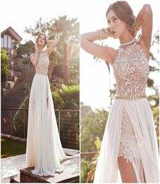 Real Image White Ivory Colour Prom Dresses Halter Beaded Lace Top Backless Pleats Chiffon Beach with Split Evening Party Gown BO5555780196