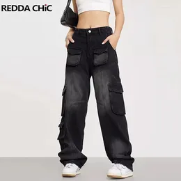 Women's Jeans REDDACHiC Vintage Black Cargo Pockets Baggy Women Distressed Loose Casual Patchwork Wide Leg Denim Pants Grunge Streetwear