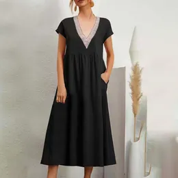 Casual Dresses 2024 Summer Women's Long Dress V-neck Lace Loose Sleeveless A-line Female Trendy Ladies Boho Beach Clothes