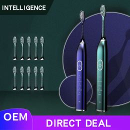 Heads Ultrasonic Electric Toothbrush Sonic USB Rechargeable Metal Teeth Brush IPX7 Waterproof with 10 Replacement Brush Heads