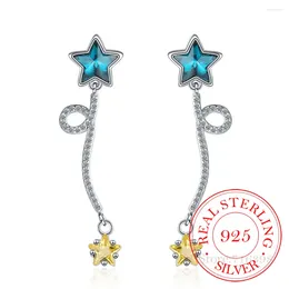 Stud Earrings Original 925 Sterling Silver Blue Star Crystal Long Tassel For Women Wedding Party Jewellery Gift Female Pendientes