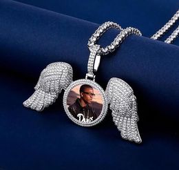 14K Customized Po Round Medallions Wings Pendant Necklace 3mm Tennis Chain Silver Gold Color Zircon Men Hiphop Jewelry5290488