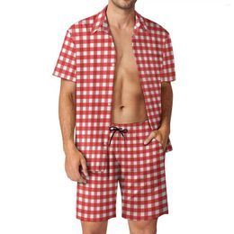 Men's Tracksuits Retro Plaid Men Sets Red And White Gingham Aesthetic Casual Shirt Set Short-Sleeved Printed Shorts Summer Fitness Outdoor