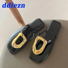 Slippers 2024 Women Flip Flops Casual Slides In Summer Beach Ladies Outside Metal Chain Square Toe Flats Female Shoes