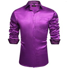 Men's Dress Shirts Purple Satin Luxury Silk Smooth Soild Wedding Party Social Tuxedo Prom Shirt Long Sleeve Top Casual Men Cloth